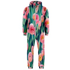 Blush Watercolor Flowers Hooded Jumpsuit (men) by GardenOfOphir