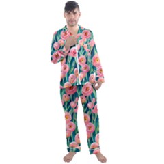 Blush Watercolor Flowers Men s Long Sleeve Satin Pajamas Set