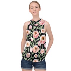 Captivating Watercolor Flowers High Neck Satin Top by GardenOfOphir