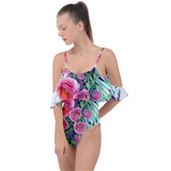 Adorned Watercolor Flowers Drape Piece Swimsuit by GardenOfOphir