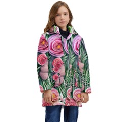 Brilliant Blushing Blossoms Kid s Hooded Longline Puffer Jacket by GardenOfOphir