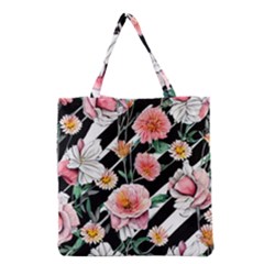Exotic Watercolor Botanical Flowers Pattern Grocery Tote Bag by GardenOfOphir