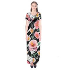 Exotic Watercolor Botanical Flowers Pattern Short Sleeve Maxi Dress by GardenOfOphir