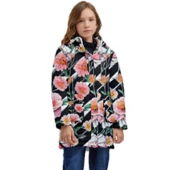 Exotic Watercolor Botanical Flowers Pattern Kid s Hooded Longline Puffer Jacket by GardenOfOphir