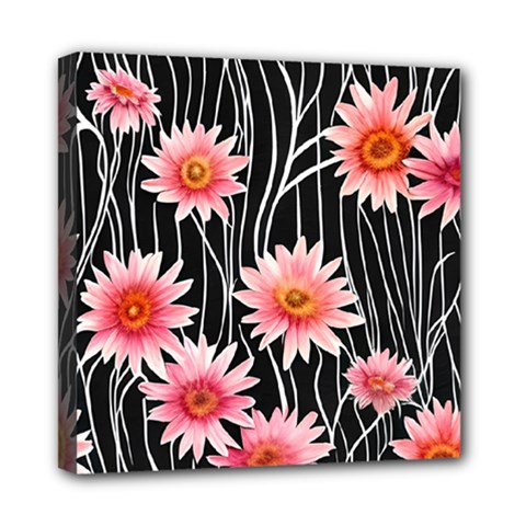 Botanical Black Pink Flowers Pattern Mini Canvas 8  x 8  (Stretched)