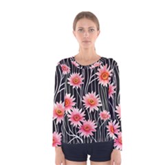 Botanical Black Pink Flowers Pattern Women s Long Sleeve Tee