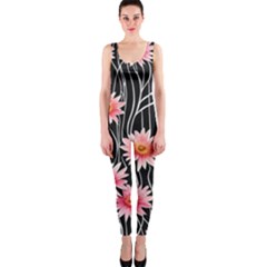 Botanical Black Pink Flowers Pattern One Piece Catsuit