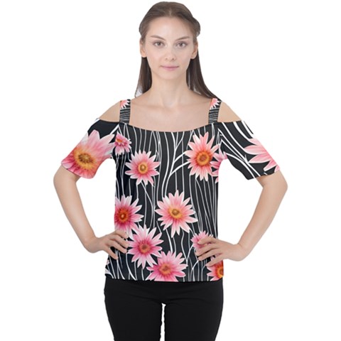 Botanical Black Pink Flowers Pattern Cutout Shoulder Tee by GardenOfOphir