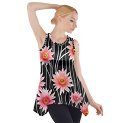 Botanical Black Pink Flowers Pattern Side Drop Tank Tunic