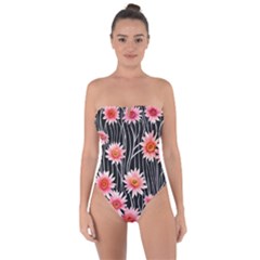 Botanical Black Pink Flowers Pattern Tie Back One Piece Swimsuit