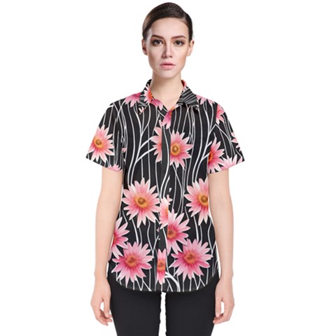 Botanical Black Pink Flowers Pattern Women s Short Sleeve Shirt by GardenOfOphir