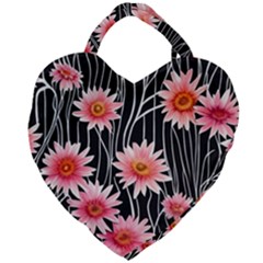 Botanical Black Pink Flowers Pattern Giant Heart Shaped Tote by GardenOfOphir