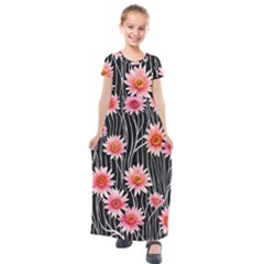 Botanical Black Pink Flowers Pattern Kids  Short Sleeve Maxi Dress