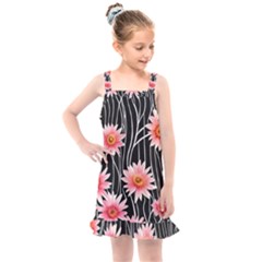 Botanical Black Pink Flowers Pattern Kids  Overall Dress by GardenOfOphir