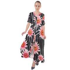 Botanical Black Pink Flowers Pattern Waist Tie Boho Maxi Dress