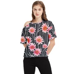 Botanical Black Pink Flowers Pattern One Shoulder Cut Out Tee