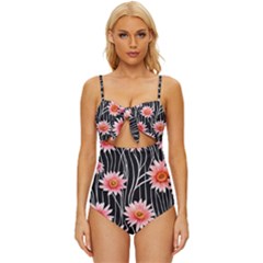 Botanical Black Pink Flowers Pattern Knot Front One-Piece Swimsuit