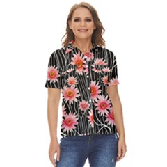 Botanical Black Pink Flowers Pattern Women s Short Sleeve Double Pocket Shirt