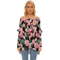 Boho Watercolor Botanical Flowers Off Shoulder Chiffon Pocket Shirt