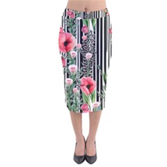 Tropical Paradise - Watercolor Botanical Flowers Velvet Midi Pencil Skirt