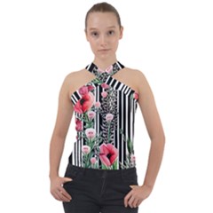 Tropical Paradise - Watercolor Botanical Flowers Cross Neck Velour Top