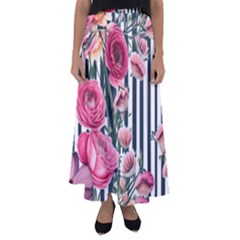 Flora Watercolor Botanical Flowers Flared Maxi Skirt