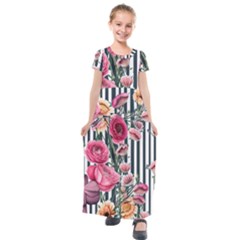 Flora Watercolor Botanical Flowers Kids  Short Sleeve Maxi Dress