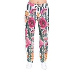 Flora Watercolor Botanical Flowers Women Velvet Drawstring Pants by GardenOfOphir