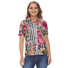 Flora Watercolor Botanical Flowers Women s Short Sleeve Double Pocket Shirt