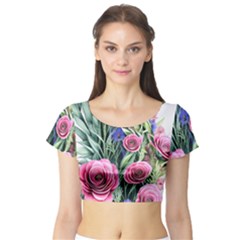 Attention-getting Watercolor Flowers Short Sleeve Crop Top by GardenOfOphir