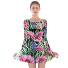 Attention-getting Watercolor Flowers Long Sleeve Skater Dress by GardenOfOphir