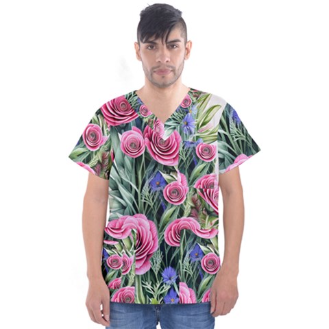 Attention-getting Watercolor Flowers Men s V-neck Scrub Top by GardenOfOphir