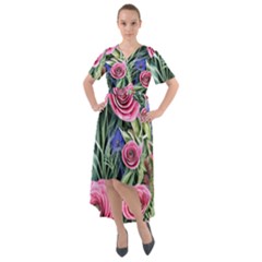 Attention-getting Watercolor Flowers Front Wrap High Low Dress by GardenOfOphir