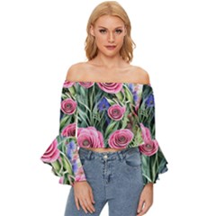 Attention-getting Watercolor Flowers Off Shoulder Flutter Bell Sleeve Top by GardenOfOphir