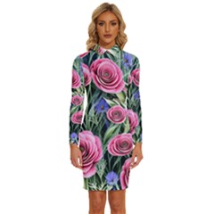 Attention-getting Watercolor Flowers Long Sleeve Shirt Collar Bodycon Dress by GardenOfOphir