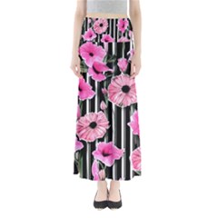 Black Stripes Beautifully Watercolor Flowers Full Length Maxi Skirt by GardenOfOphir