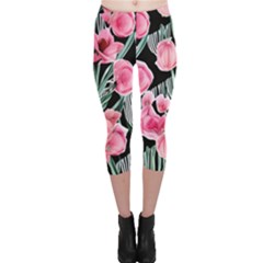 Expressive Watercolor Flowers Botanical Foliage Capri Leggings  by GardenOfOphir