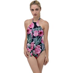 Expressive Watercolor Flowers Botanical Foliage Go With The Flow One Piece Swimsuit by GardenOfOphir