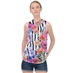 Delightful watercolor flowers and foliage High Neck Satin Top