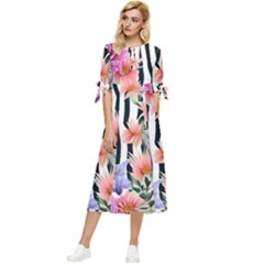 Delightful watercolor flowers and foliage Bow Sleeve Chiffon Midi Dress