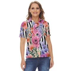 Delightful Watercolor Flowers And Foliage Women s Short Sleeve Double Pocket Shirt