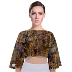 Rusty Orange Abstract Surface Tie Back Butterfly Sleeve Chiffon Top by dflcprintsclothing