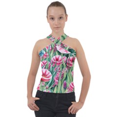 Cute Watercolor Flowers And Foliage Cross Neck Velour Top