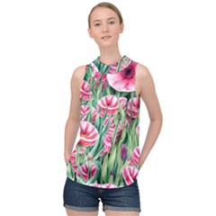 Cute Watercolor Flowers And Foliage High Neck Satin Top by GardenOfOphir