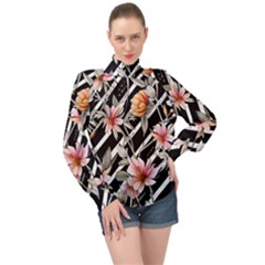 Celestial Watercolor Flowers High Neck Long Sleeve Chiffon Top by GardenOfOphir