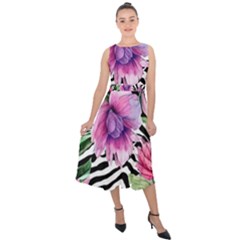 Classy And Chic Watercolor Flowers Midi Tie-back Chiffon Dress by GardenOfOphir