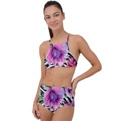 Classy And Chic Watercolor Flowers High Waist Tankini Set by GardenOfOphir