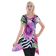 Classy And Chic Watercolor Flowers Short Sleeve Side Drop Tunic