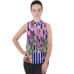 Classy And Chic Watercolor Flowers Mock Neck Chiffon Sleeveless Top by GardenOfOphir