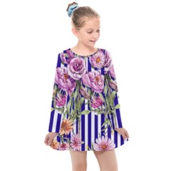 Classy And Chic Watercolor Flowers Kids  Long Sleeve Dress by GardenOfOphir